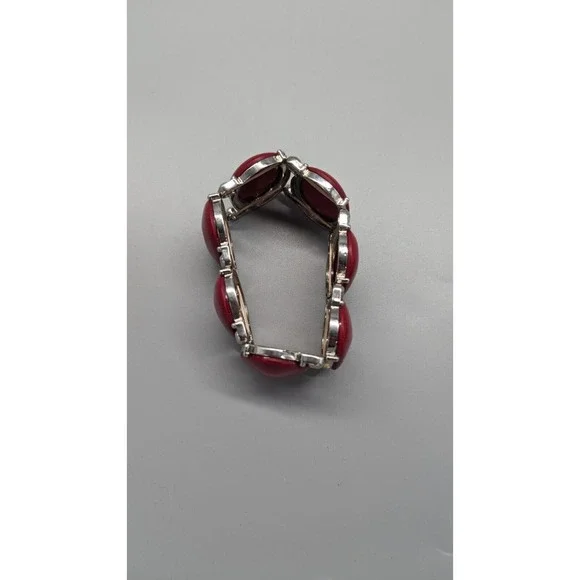 Red Acrylic Necklace Bracelet Set Pendant Silver Tone Chain Adjustable Necklace - Picture 7 of 10